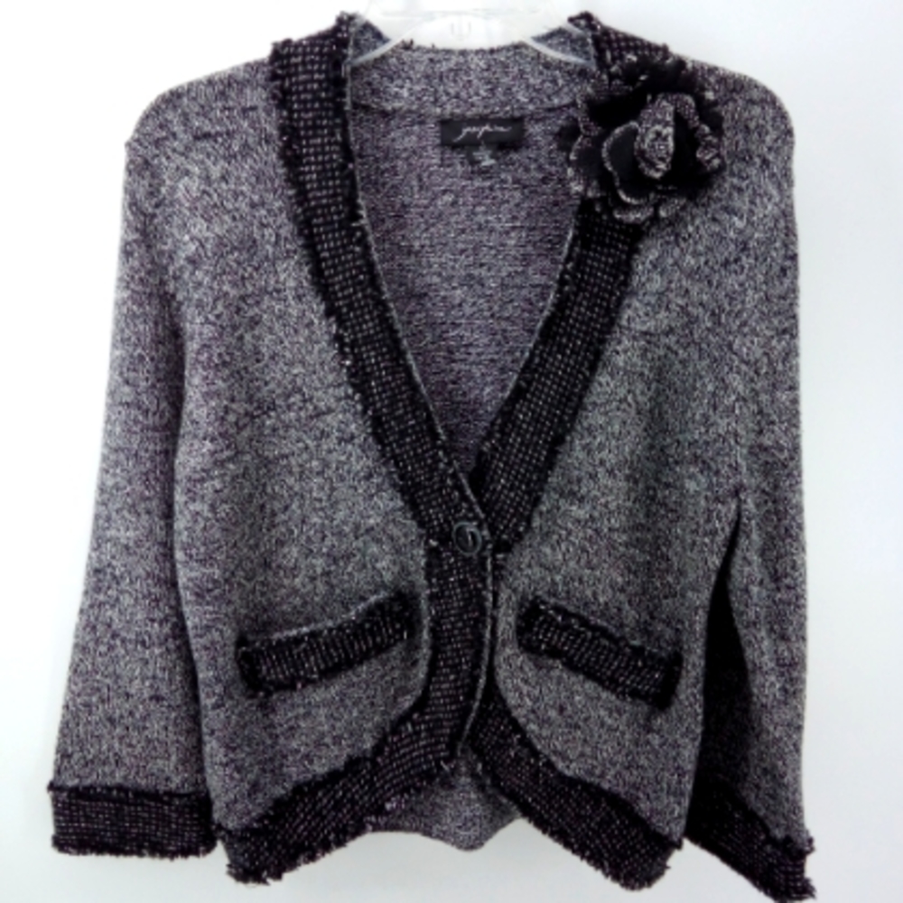 Josephine Tweed Cardigan Cotton Wool Metallic Dark Gray Silver Thread Blend S